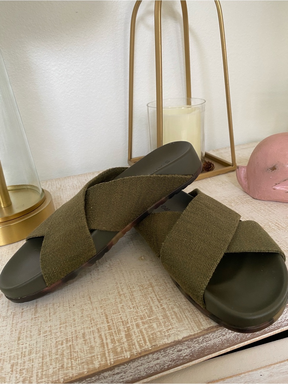 Rothy's Olive Green Crisscross Slide Sandals. New!! 6.5